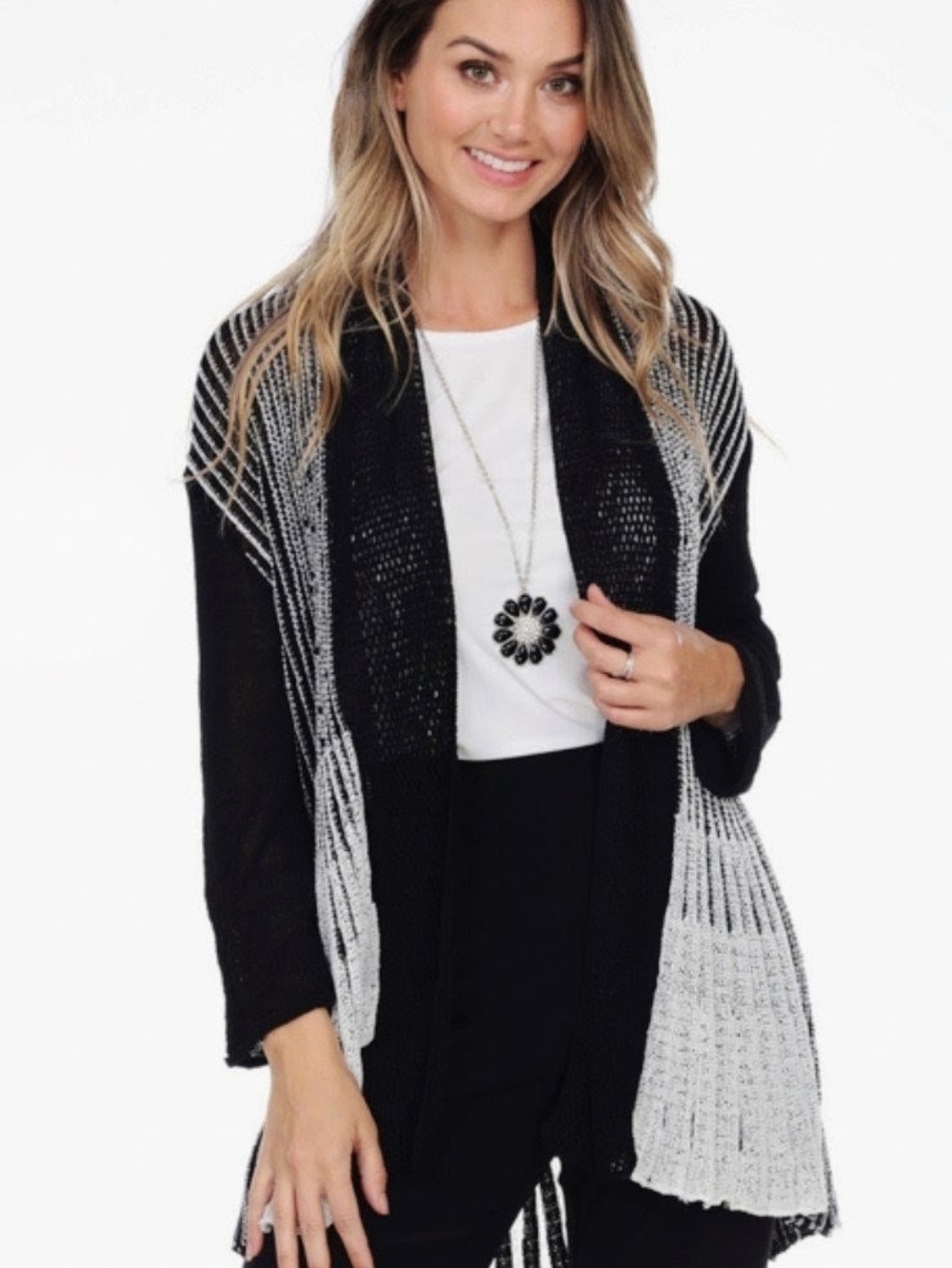 Eclectic Black and White Sequin Open-weave Cardigan Sweater